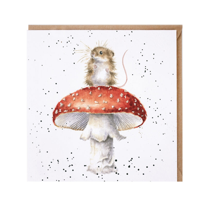 Glückwunschkarte mit weißem Hintergrund, bedruckt mit einem Hamster stitzend auch einem Fliegenpilz