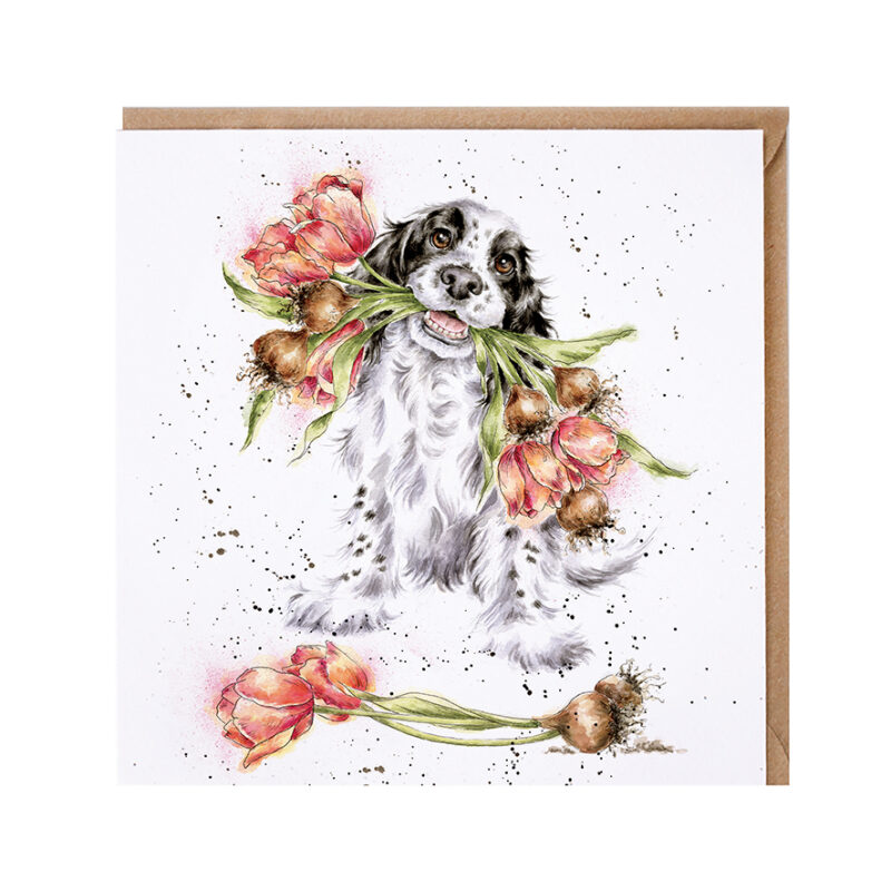 Glückwunschkarte mit weißen Hintergrund, bedruckt mit schwarz-weißen Hund mit Blumen im Maul