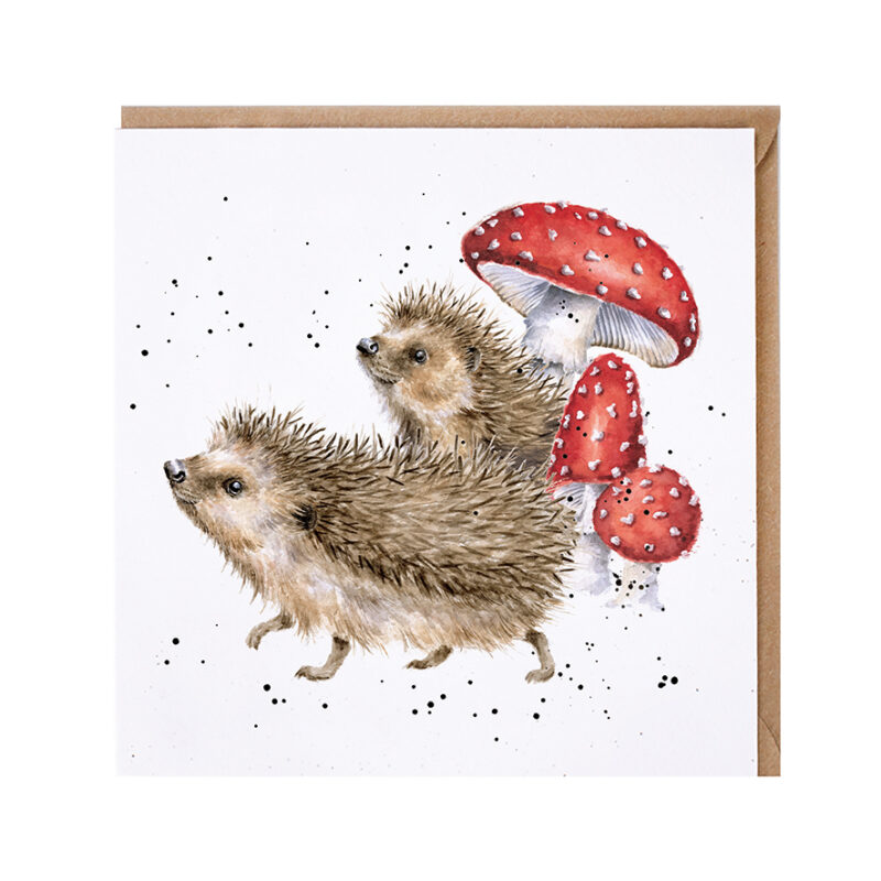 Glückwunschkarte mit weißem Hintergrund, bedruckt mit zwei Igel im Hintergrund Fliegenpilze