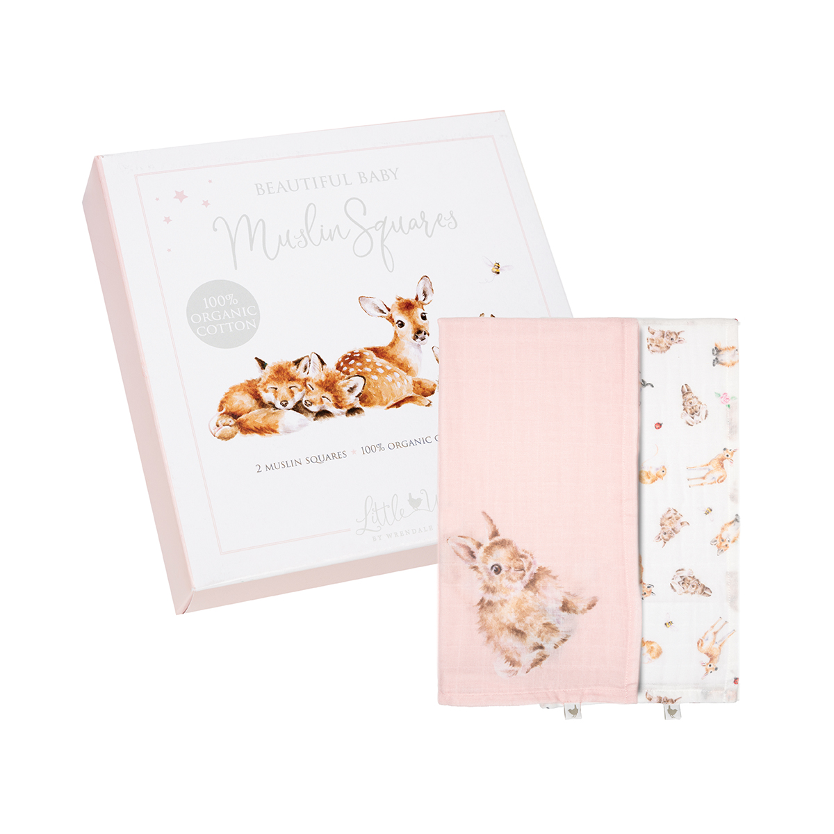 Musselintücher 2er Set in Rosa, mit einer schönen Geschenkverpackung, bedruckt mit Waldtiere