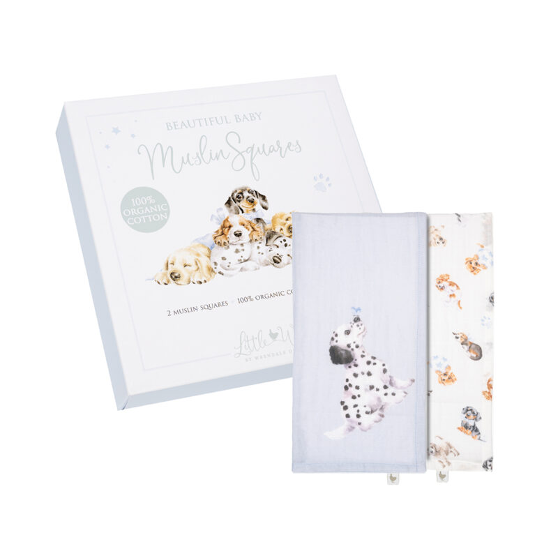 Musselintuchset Hellblau mit Hunden und passender Geschenkverpackung