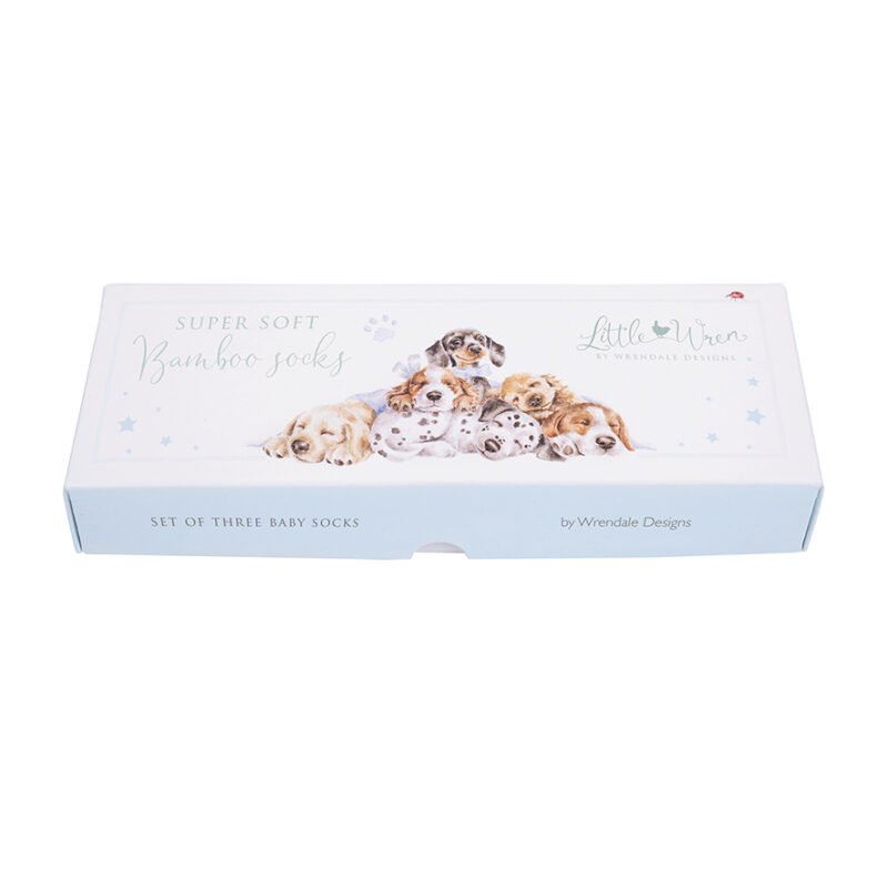 Geschenkverpackung für Babysocken Hellblau mit Hunden