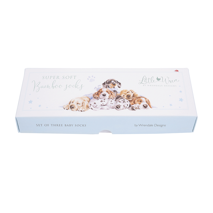 Geschenkverpackung für Babysocken Hellblau mit Hunden