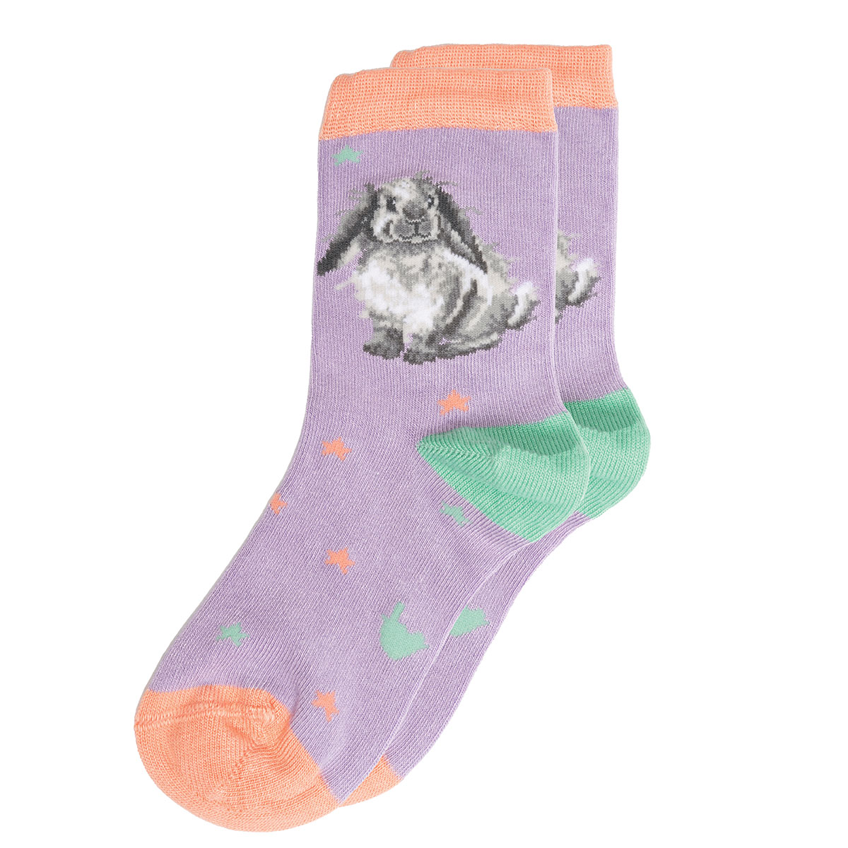 Lila/grünfarbene Socken mit einem Hasen