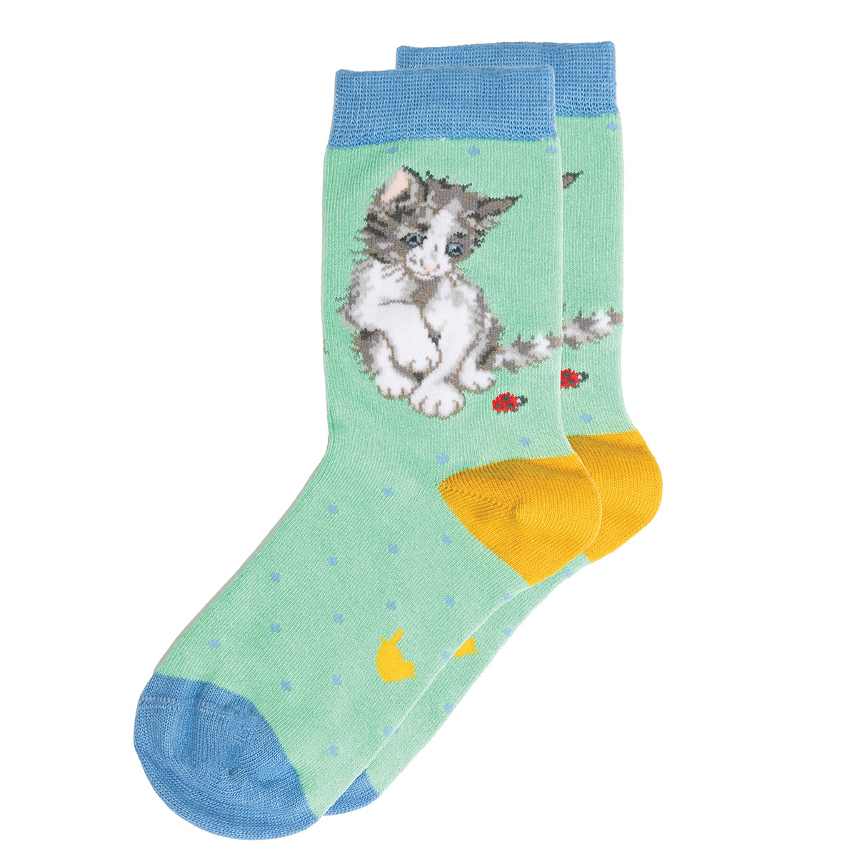 blau/grüne Kindersocken bestickt mit einer Katze