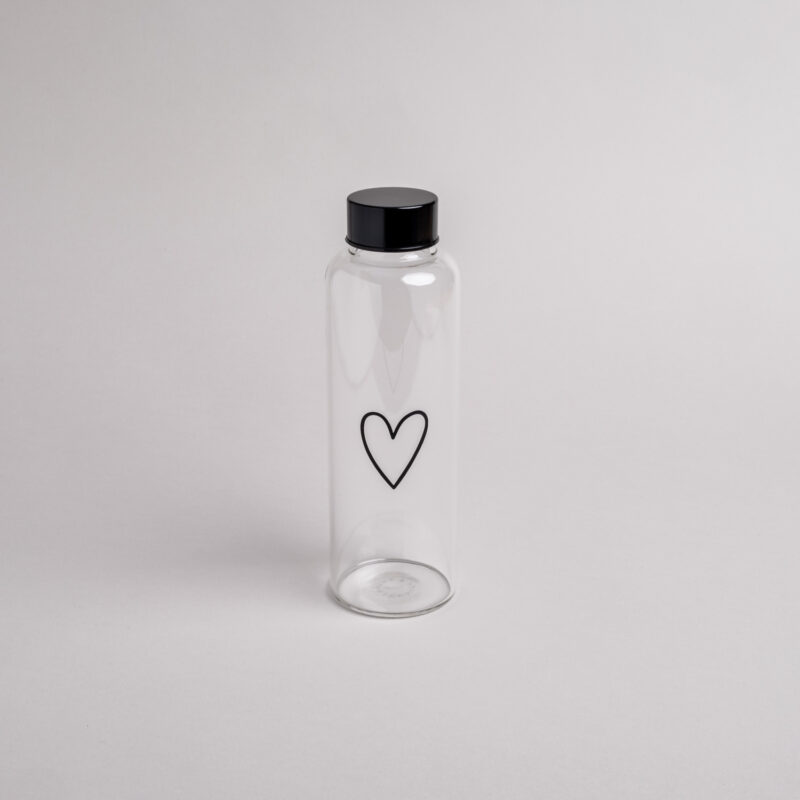 Trinkflasche Glas mit schwarzen Aufdruck "Herz"
