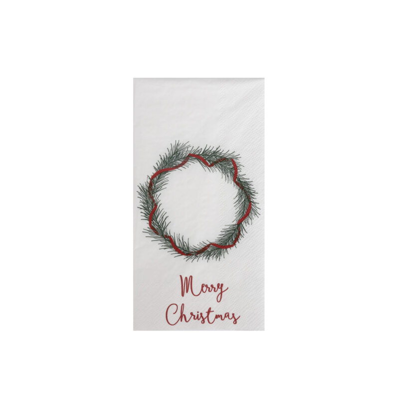 Serviette mit einem Kranz und Merry Christmas in roter Aufschrift